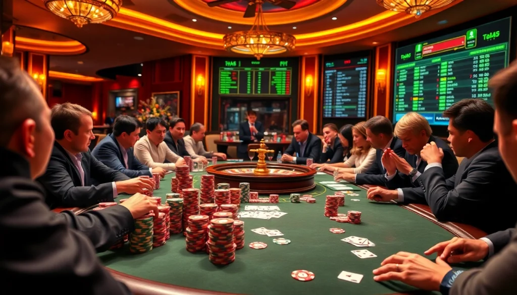 Thrilling casino atmosphere at https://five88.monster/, featuring a high-stakes poker table with colorful chips and excited players.