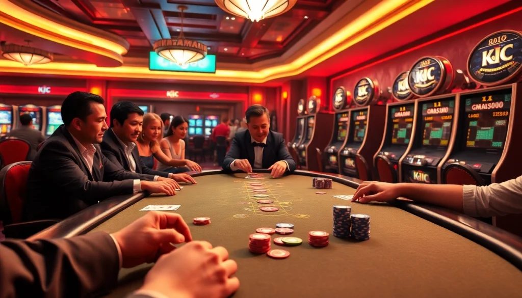 KJC poker players strategizing at a luxury casino table with vibrant chips and cards.