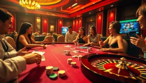 Experience the thrill of playing at the JUN88 con casino table with colorful chips and excited players.