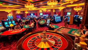 Players enjoying thrilling games at a vibrant NK88 casino, featuring chips, cards, and roulette.