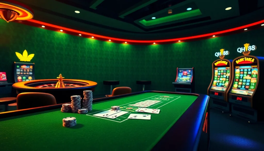 Exciting qh88 casino scene with poker chips, cards, and a roulette wheel in a professional setting.