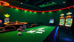 Exciting qh88 casino scene with poker chips, cards, and a roulette wheel in a professional setting.