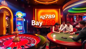 Bay789 casino scene showcasing vibrant poker and slot games in an opulent setting.