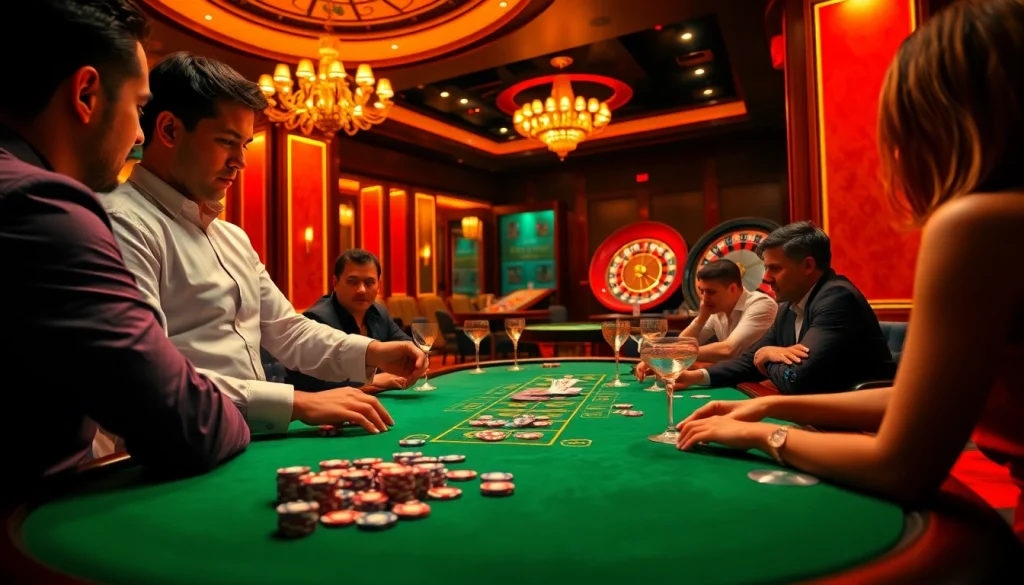 Players enjoying a thrilling poker game at 13win's luxurious casino table.