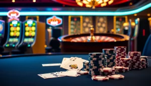 KJC casino scene with poker chips and roulette wheel showcasing luxury gambling.