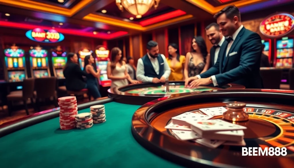 Experience high stakes at the BEM88 casino table with vibrant chips and cards.