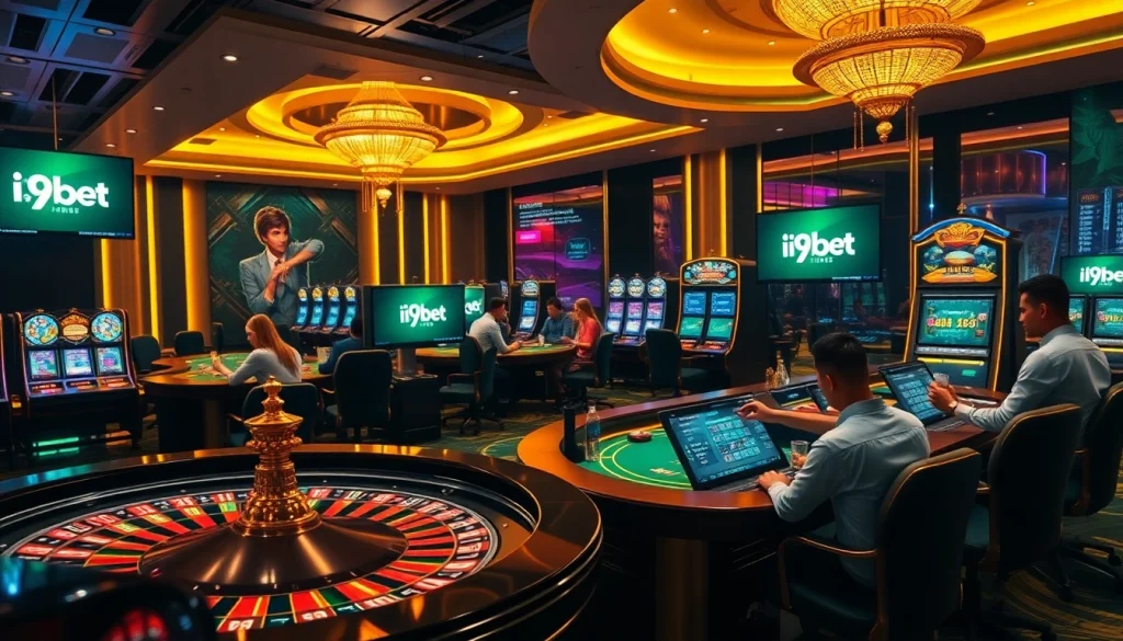I9bet players enjoying a luxurious online casino experience with roulette wheels and aggressive gameplay.