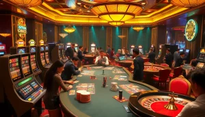 Engaged players enjoying the excitement of gambling at Rikvip, featuring vibrant casino tables and roulette wheels.