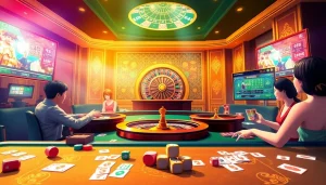 Engaging scene depicting lô đề uy tín gambling at a luxurious casino table, featuring cards and a roulette wheel.