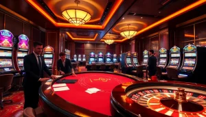 88i home casino scene with elegant poker table and vibrant slot machines.