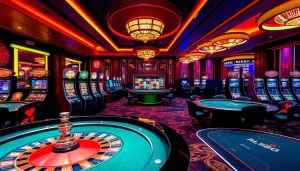 Experience the thrill of RR88 with a vibrant casino scene featuring roulette and slot machines.