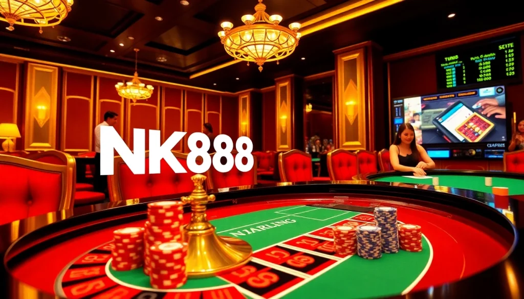 Players enjoying a vibrant game at NK88 online casino with elegant decor and thrilling gameplay.