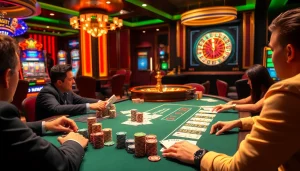 Rasakan ketegangan taruhan tinggi bersama pemain poker Datukwin dikelilingi chip berwarna-warni dan suasana kasino.