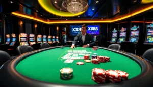 Experience thrill at https://xx88.se.net/ with a vibrant poker game showcasing chips and cards.