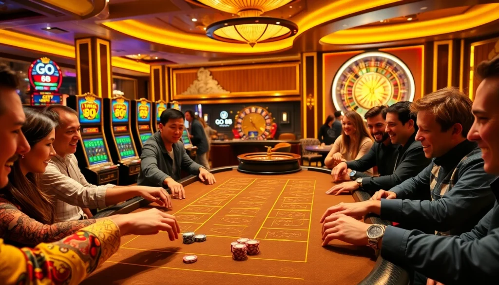 GO 88 gaming table atmosphere with vibrant colors and excited gamblers at a casino.