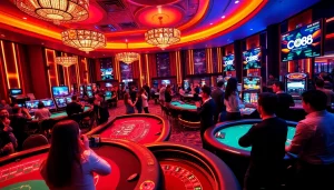 Exciting scene at CO88 casino with players celebrating wins and modern game tables.