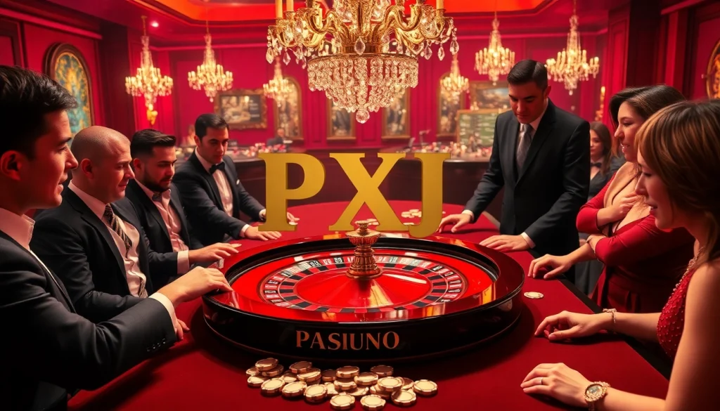 Exciting casino scene with players at a roulette table featuring PXJ chips and luxury ambiance.
