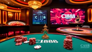 Join the excitement at C168 with vibrant poker chips and a roulette wheel in an elegant casino.