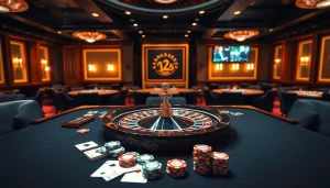 Experience the thrill of gambling at 123win with an elegant casino table and roulette wheel.