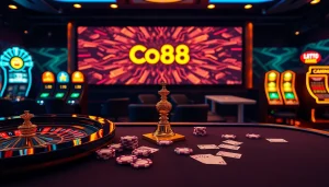 Exciting casino action showcases Co88 poker chips on a lavish gambling table.