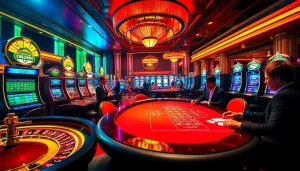 Engage with jun88 con gameplay at a vibrant casino featuring roulette, poker, and slot machines.