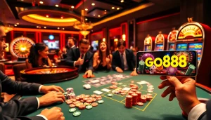 Exciting casino atmosphere highlighting game go88 with vibrant tables and players engaging in gambling activities.