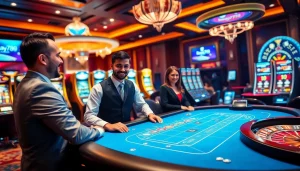 Players enjoying their time at Bay789's vibrant online casino with roulette and blackjack tables.