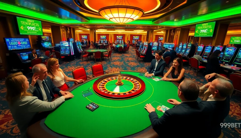Experience high-stakes excitement at 999BET's vibrant casino floor filled with poker tables, roulette wheels, and slot machines.