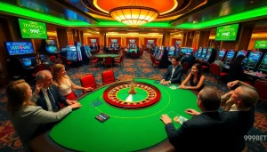 Experience high-stakes excitement at 999BET's vibrant casino floor filled with poker tables, roulette wheels, and slot machines.