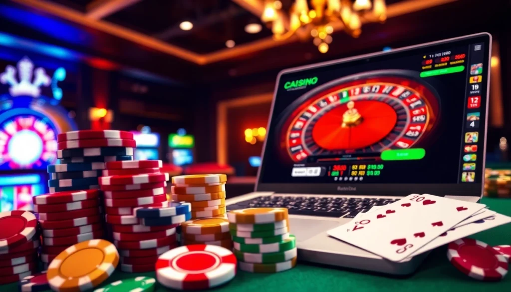 Experience thrilling gameplay at https://8kbet.ink/ with vibrant casino visuals featuring poker chips and slot machines.