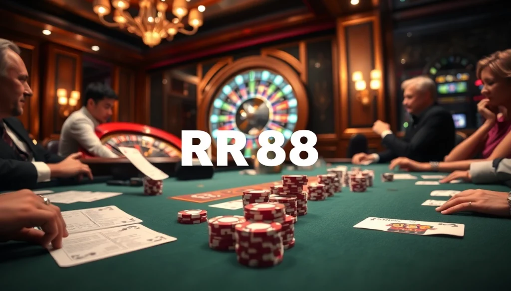 Experience the excitement of RR88 with a luxurious casino scene showing poker and roulette action.