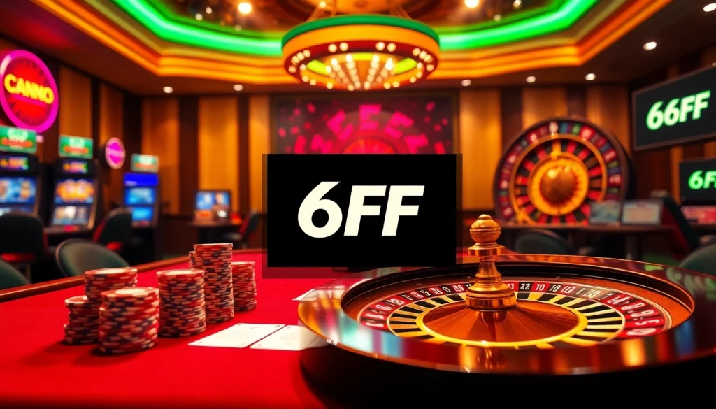 A dynamic casino scene showcasing 6FF poker tables and vibrant slot machines, capturing high-stakes excitement.
