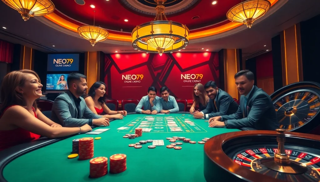 Players engage in an exciting game at the NEO79 casino table, filled with vibrant chips and cards.