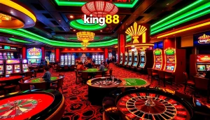 Players enjoying a lively game experience at king88 casino, with vibrant slot machines and roulette table.