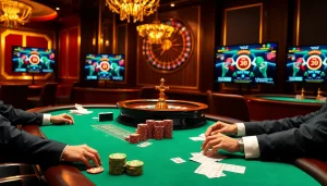 Engage in thrilling poker action with https://xx88.video/ at a luxurious casino setting filled with vibrant chips and a roulette wheel.