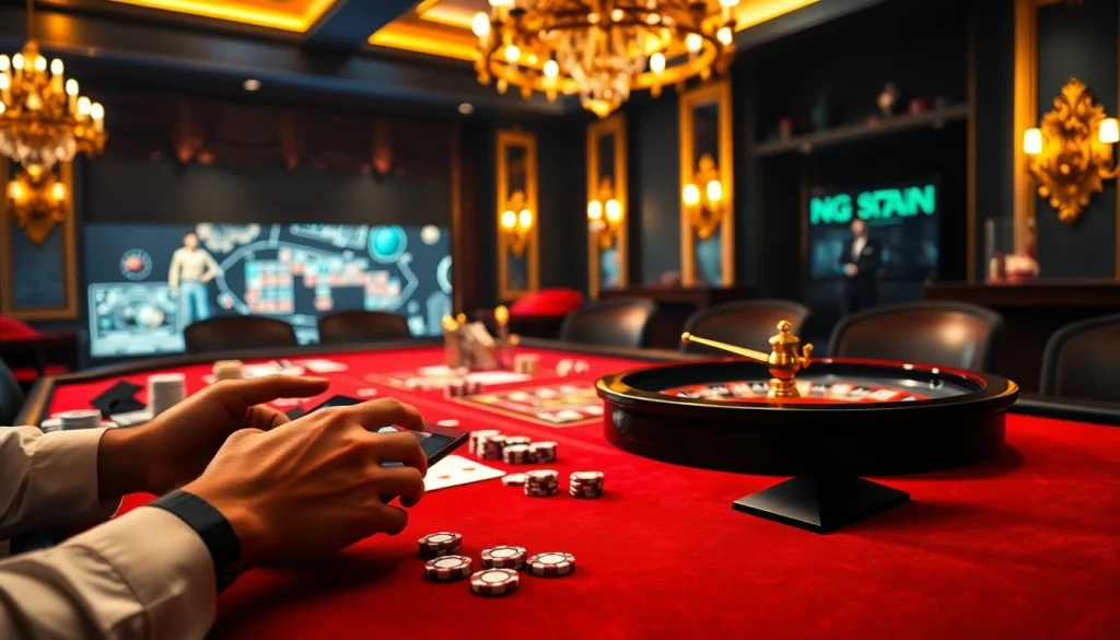 Engaging players at Rikvip's luxurious casino table, showcasing poker chips and cards.