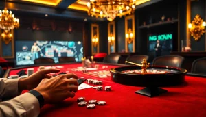 Engaging players at Rikvip's luxurious casino table, showcasing poker chips and cards.