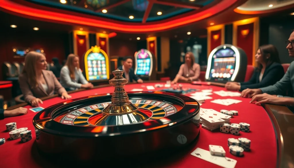 Exciting casino scene showcasing mk8 roulette, vibrant atmosphere with poker chips and cards.