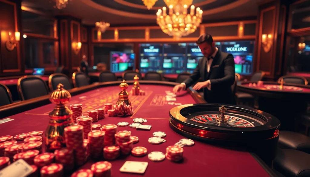 SODO66 casino scene with poker chips, roulette wheel, and engaging dealer in a luxurious atmosphere
