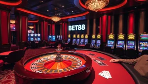 Experience the excitement of BET88 with a luxurious casino atmosphere featuring roulette and poker.