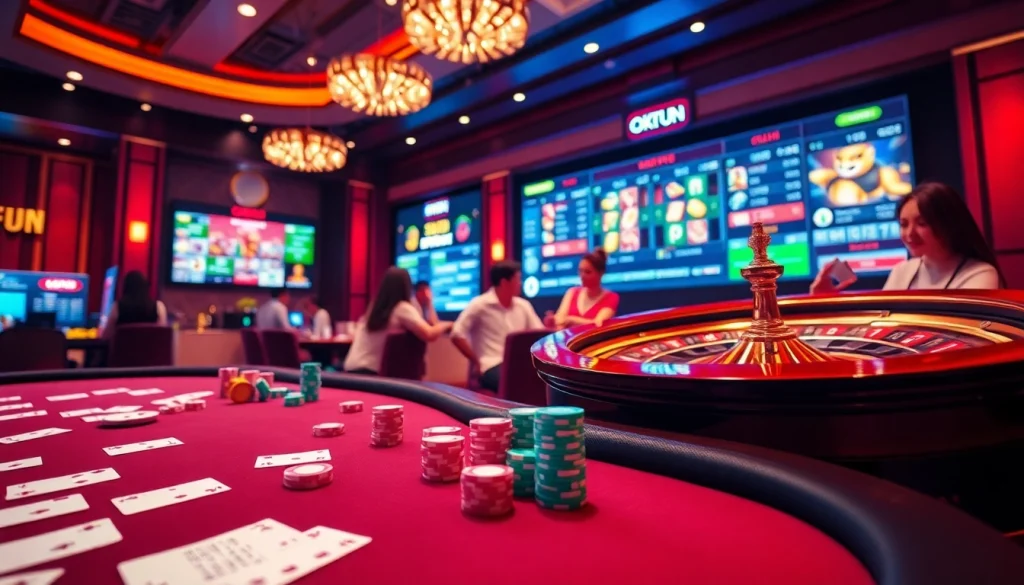 OKFUN casino players enjoying a thrilling poker game with chips and cards on a stylish table.