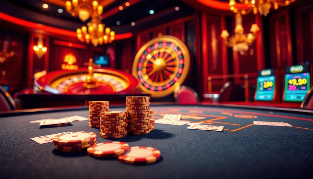 Engaging players at VA88 online casino with vibrant poker chips and exciting gaming atmosphere.