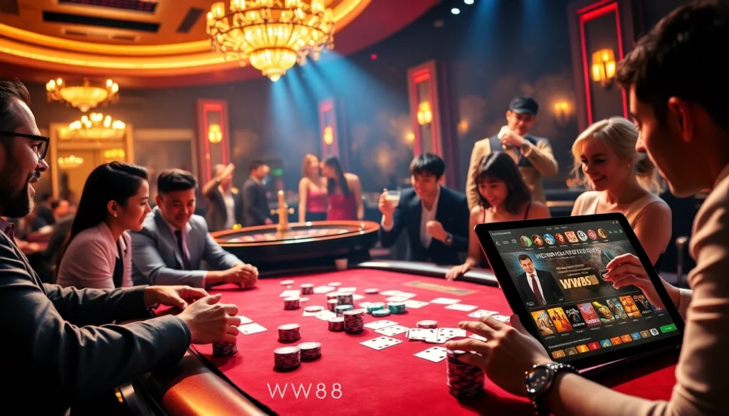 High-stakes poker players experiencing the thrill of WW88's luxurious gaming atmosphere.
