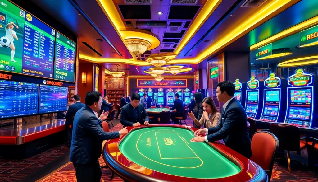 SBOBET thrilling sports betting scene with digital odds, lively poker table, and elegant casino ambiance.