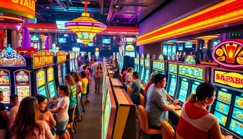 Excited players enjoy slot gacor machines in a vibrant casino atmosphere, capturing the thrill of gaming.