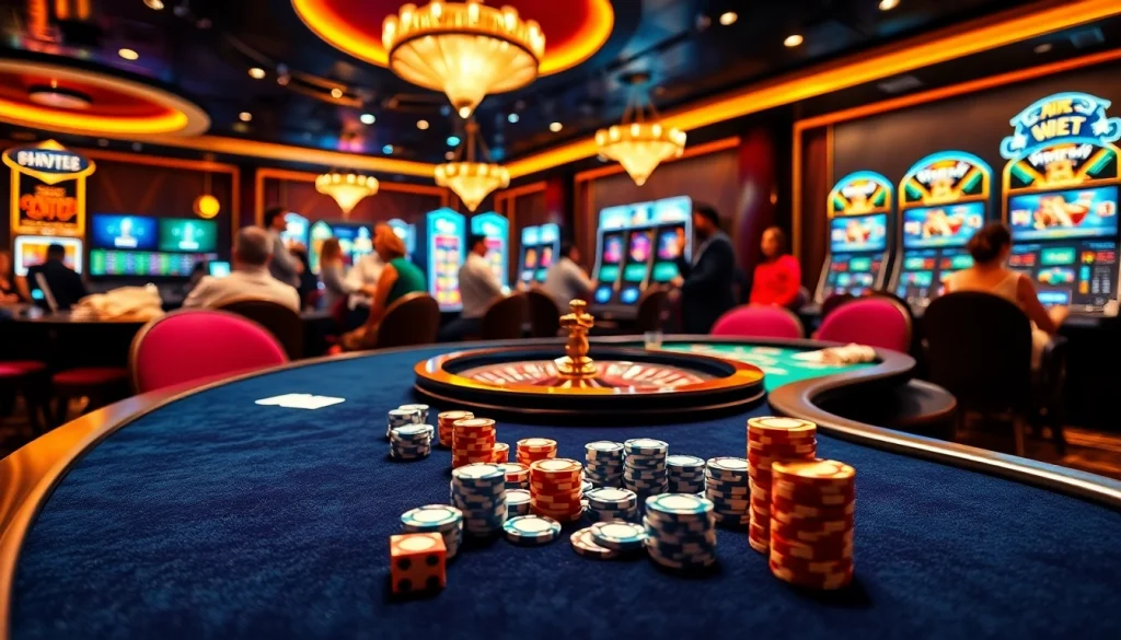 Play exciting games at SOIBET with chips and cards in a vibrant casino atmosphere.
