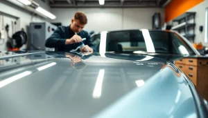 PPF Chattanooga technician applying paint protection film on a car in a modern workshop.