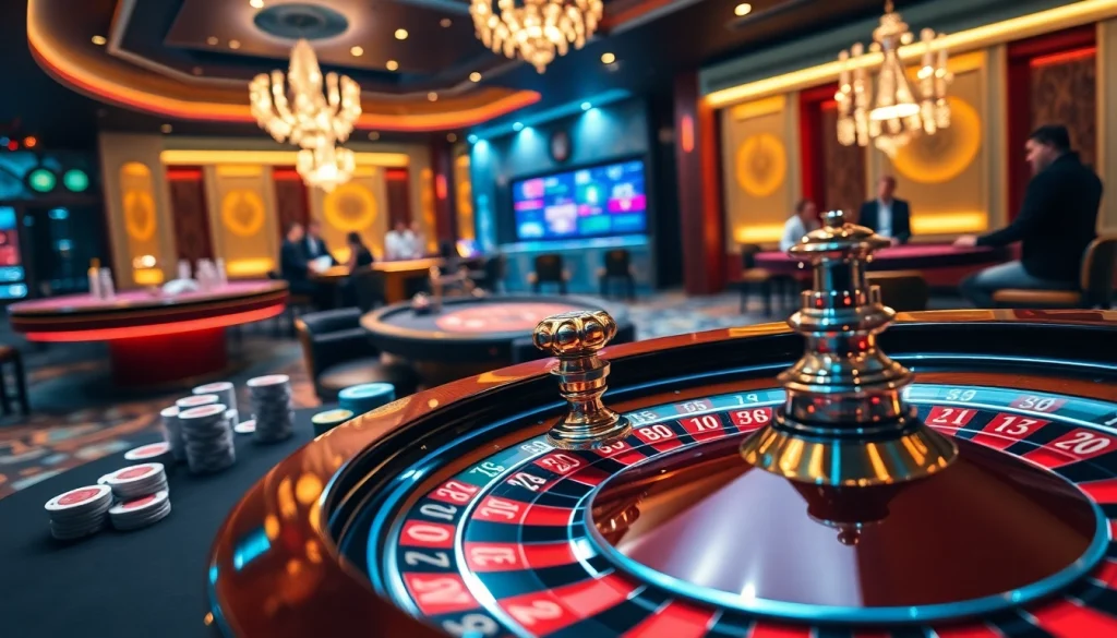 Exciting gambling experience at https://rr88.auction/ with players engaging in poker and roulette in a luxurious atmosphere.