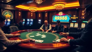 Indulge in the excitement of RR88 with a luxurious poker table scene showcasing thrilling gameplay.
