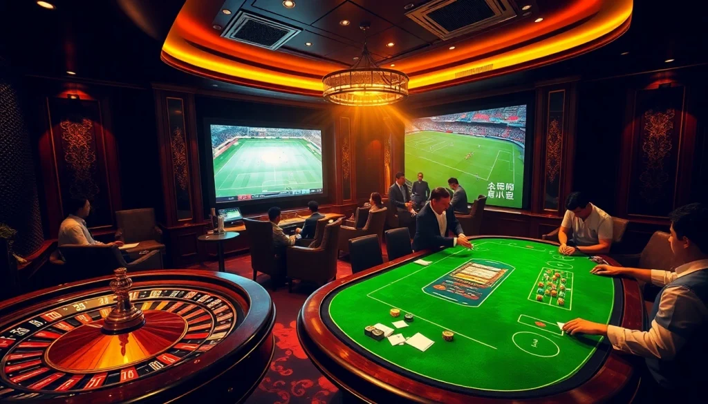 Experience the thrill of แทงบอล at a luxury sports betting table with live football displays.
